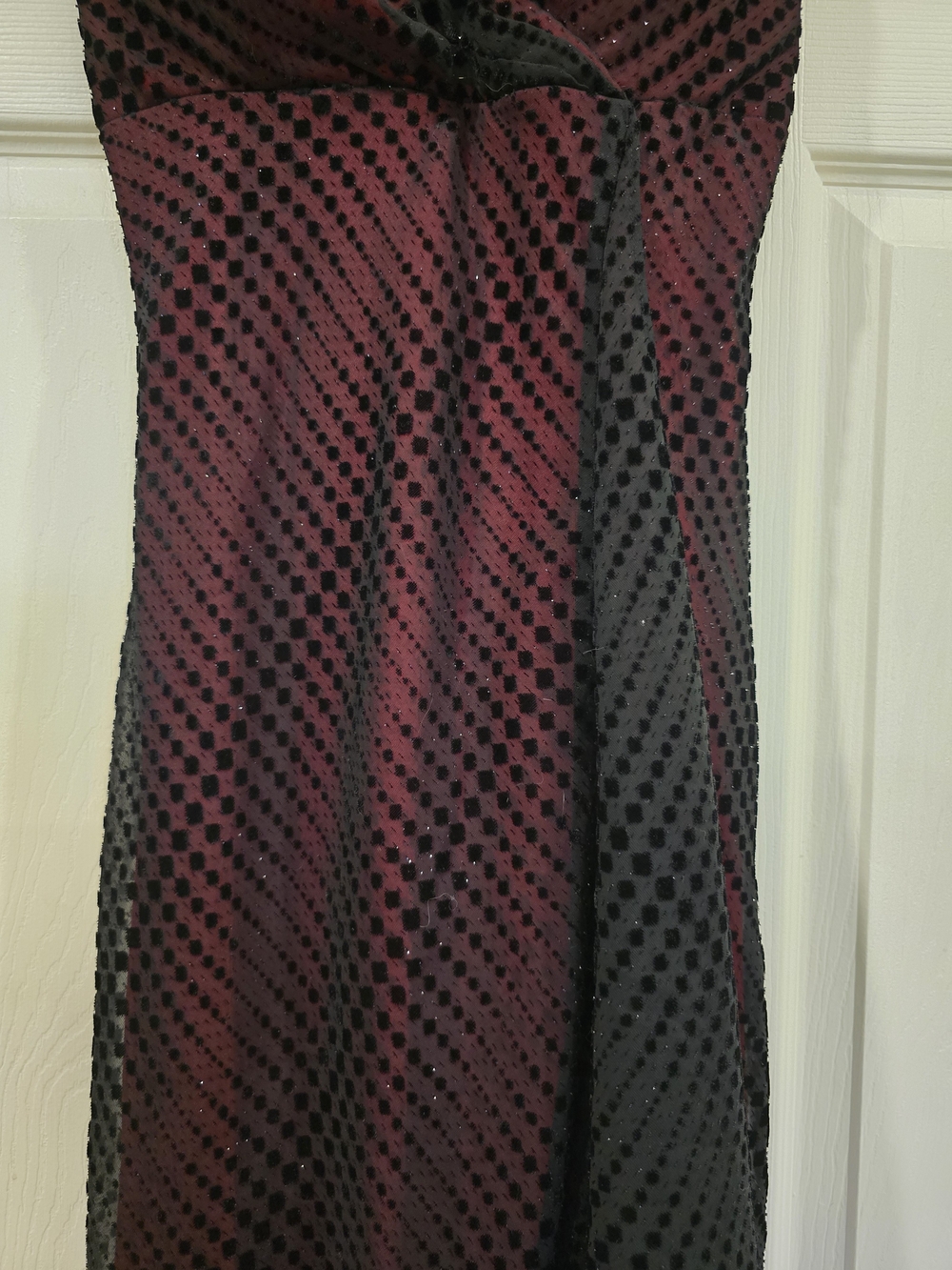 Spaghetti-Strap Red Ball Gown With Black, Sparkling Overlay - Picture 3 of 5